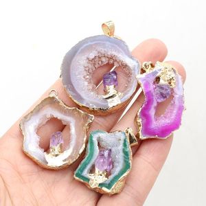 Pendentif Colliers Naturel Agate Pierre Gemme Doré Bord Améthyste Artisanat Fait À La Main Collier Bracelet Boucle D'oreille Accessoires Pour Femme Taille 27x40mm