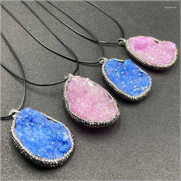 Collares pendientes Ágatas naturales Collar de cristal Gran gota de agua Péndulo Roca Racimo Azul Cuarzo Rosa Para Mujeres Curación