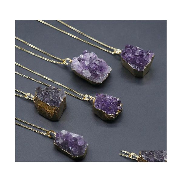 Pendentif Colliers Naturel Améthyste Grappe Collier De Guérison Bord Doré Géode Décor À La Main Cristal Violet Décoration Suspendue Pour R Dhmjd