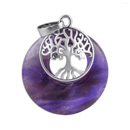 Pendentif Colliers Pendentifs d'améthyste naturelle Fit Arbre de vie Inlay Creux Rond Guérison Cristal Pierre Bijoux pour Femmes Hommes