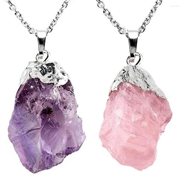 Pendentif Colliers Naturel Améthyste Rose Quartz Pierre Brute Chakra Irrégulier Guérison Pierre Précieuse Argent Couleur Bord Collier Femmes Cadeau D'anniversaire