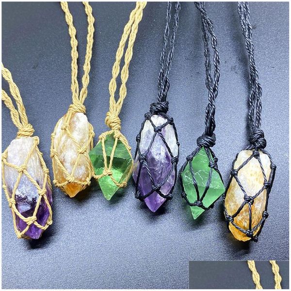 Pendentif Colliers Naturel Améthyste Topaze Vert Fluorite Pierre Tissé Net Extensible Ajustement Corde Collier Pour Femmes Hommes Drop Deli Dhvl4