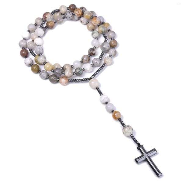 Pendentif Colliers Feuilles De Bambou Naturel Agate Catholique Christ Chapelet Perle Longue Pour Femmes Hommes Hématite Croix Collier