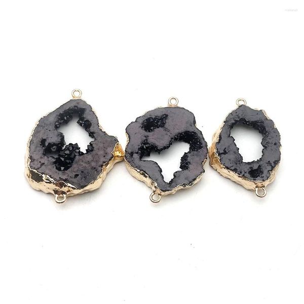 Collares colgantes, conectores de ágata Druzy de cristal negro Natural, chapado en oro irregular, doble agujero, venta al por mayor, 8 Uds. Para joyería