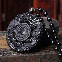 Pendentif colliers Obsidienne noire naturelle sculptée à la main Dragon chinois Phoenix oiseau amulette BaGua collier pour femmes hommes chance mascotte amulette PendantC24326