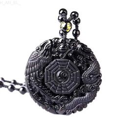 Pendentif colliers Obsidienne noire naturelle sculptée à la main Dragon chinois Phoenix BaGua chanceux amulette mascotte collier pour femmes hommes Phoenix NecklaceC24326