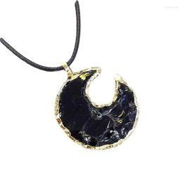 Collares pendientes Obsidiana negra natural Ágata cruda Onyx Stone Charm Luna Forma de media luna Collar de cuerda de cuero para mujer Regalo 18 pulgadas