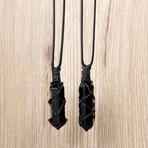 Hanger Kettingen Natuurlijke Zwarte Obsidiaan Ketting Handgemaakte Geweven Touw Zeshoek Punt Verpakt Paar Sieraden Voor Heren Cadeau