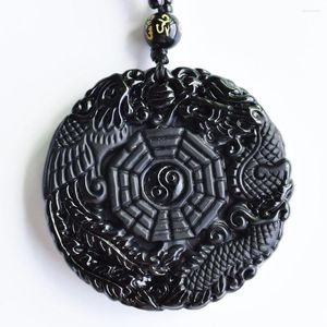 Hanger kettingen Natuurlijke zwarte obsidiaan hand gesneden Chinese Dragon Phoenix Bagua Lucky Amulet Free Necklace Fashion Fine Jewelry