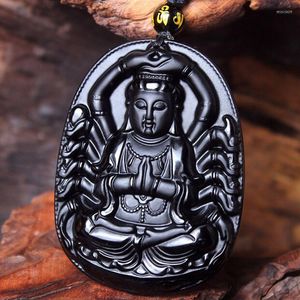 Pendentif Colliers Obsidienne Noire Naturelle Sculpté Mille Mains De Guanyin Bouddha Collier Pour Femmes Hommes Bijoux De Mode