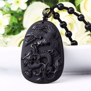 Colliers pendants Natural Black Obsidian Dragon Phoenix Lucky Collier gratuit pour hommes et femmes bijoux