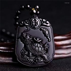 Pendentif Colliers Naturel Noir Obsidienne Gommage Dragon Tête Tortue Corps Collier De Mode Unique Chanceux Avec Des Perles Pour Hommes Femmes