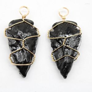 Collares pendientes Natural Negro Obsidiana Piedra Flecha Golden Winding Charms Colgantes Para DIY Fabricación de accesorios de joyería al por mayor 4 unids / lote