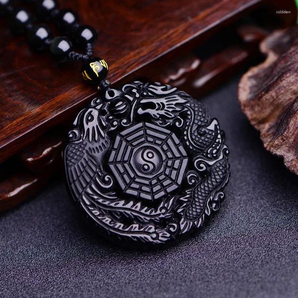 Pendentif Colliers Naturel Noir Obsidienne Sculpté À La Main Chinois Dragon Phoenix BaGua Chanceux Amulette Collier Gratuit Fahion Fine Pierre Bijoux