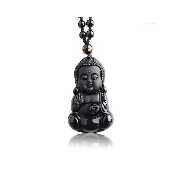 Collares pendientes Obsidiana negra natural tallada Bebé Buda con Amet Lucky Beads Cadena Mujer Hombre Collar Joyería Entrega de la gota Pe Dhopu