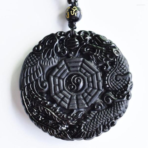 Pendentif Colliers Obsidienne Noire Naturelle Sculpté À La Main Chinois Dragon Phoenix BaGua Lucky Amulette Collier Gratuit Mode Fine Jewelry