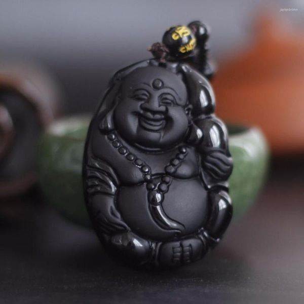 Collares pendientes obsidiana negra natural tallada Buda sonriente collar de amuleto de la suerte para Mujeres Hombres colgantes joyería de moda 48 32mm