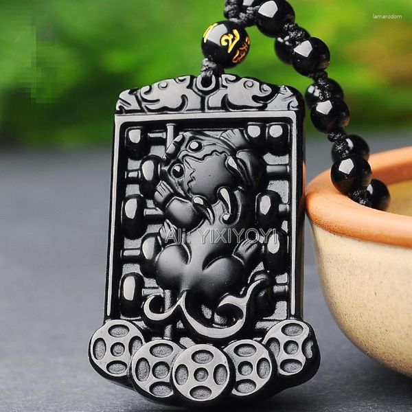 Pendentif Colliers Obsidienne Noire Naturelle Sculpté Chinois Bénédiction Abacus Pièce PiXiu Chanceux Amulette Perles Collier Vintage Cadeau Bijoux