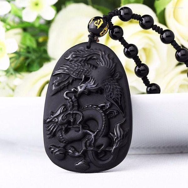 Collares colgantes Natural Black Obsidian Dragon Phoenix Lucky Free Collar para hombres y mujeres Joyería