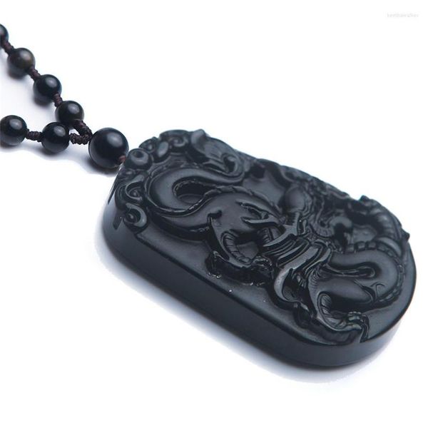 Collares colgantes Collar con forma de dragón de piedra preciosa de obsidiana negra natural 50x33x10mm