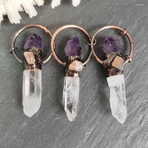 Colliers pendants Anneau de point de quartz transparent naturel avec collier à pavé d'améthyste à double bâton