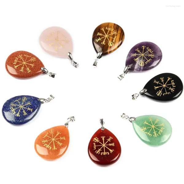 Pendentif Colliers Cristal Naturel Agate Sculpture Boussole Gouttelette D'eau Pierre Artisanat Ornements Viking Symbole Rune Vegvisir Bijoux Faits À La Main