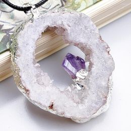 Hanger kettingen natuurlijke kristal agaat kwarts geode plak met amethist ingelegde verzilverde rand trui ketting holle ketting voor vrouwen