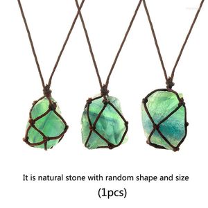 Collares colgantes Cristal natural Azul Verde Fluorita Collar Tejido a mano Piedra antigua Forma geométrica 81 cm Longitud