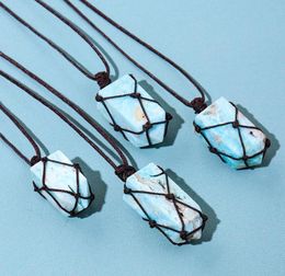 Colliers pendants Collier d'hémimorphite bleu à cristal naturel pour femmes enveloppe de corde minerai Caraïbe Calcite Pendule Pierre minéral brut 5601150