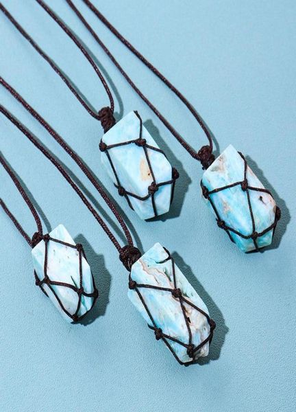 Colliers pendants Collier d'hémimorphite bleu à cristal naturel pour femmes enveloppe de corde minerai Caraïbe Calcite Pendule Pierre minéral cru 3433600