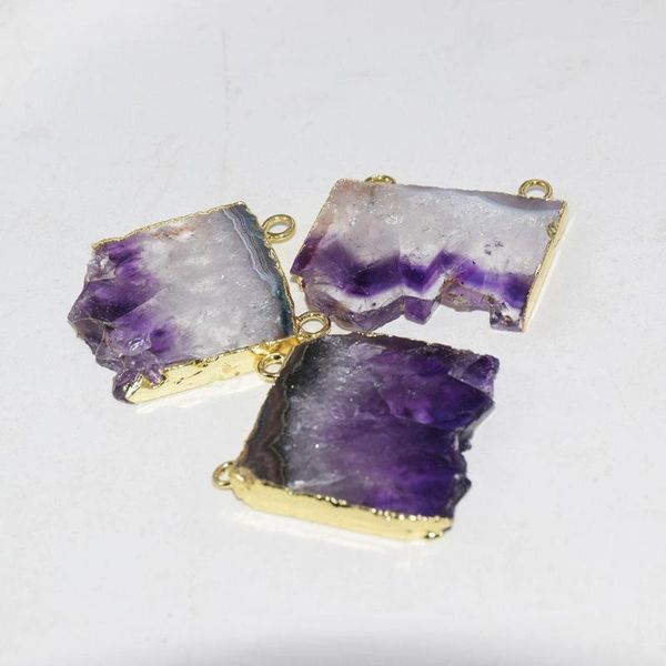 Collares pendientes Joyas de cristal natural Druzy Conector de piedra para mujeres Big Raw Purple Quartz Slice 2 Hoops Geode Charms Moda coreana