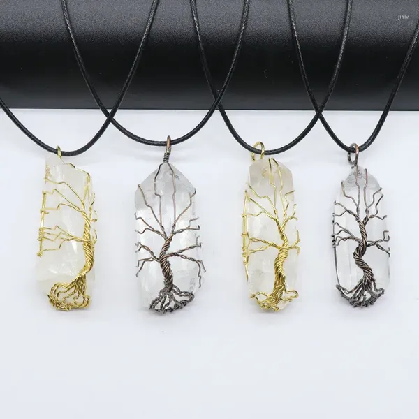 Pendentif Colliers Pilier de cristal naturel grands pendentifs fil de cuivre Antique enveloppé arbre de vie collier de Quartz pour femmes hommes bijoux en pierre