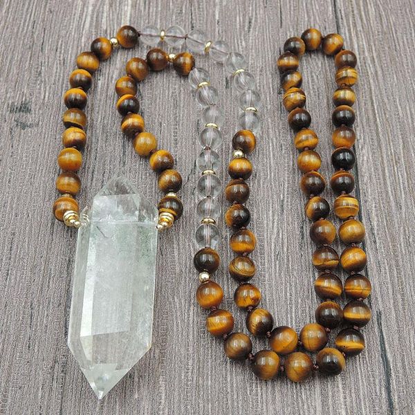 Pendentif Colliers Cristal Naturel Quartz Point 8mm Tiger Eye Perles Rondes Noeud À La Main 30 pouces et 40 poucesPendentif