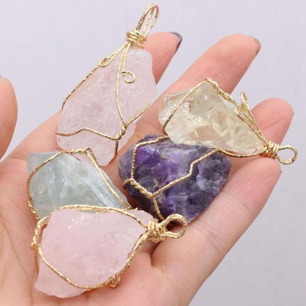 Collares con colgantes, abalorios de piedra de cristal Natural, bobinado Irregular, amatista de cuarzo rosa dorado para joyería, accesorios para collar DIY