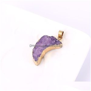 Pendentif Colliers Cristal naturel pierre plaqué or Druzy lune forme pendentif colliers avec chaîne fête Club bijoux pour femmes hommes Dro Dhs7O