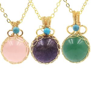 Pendentif Colliers Naturel Cristal Pierre Collier Or Couleur Fil Wrap Rond Quartz Améthystes Lapis Rose Pendule Femmes Bijoux