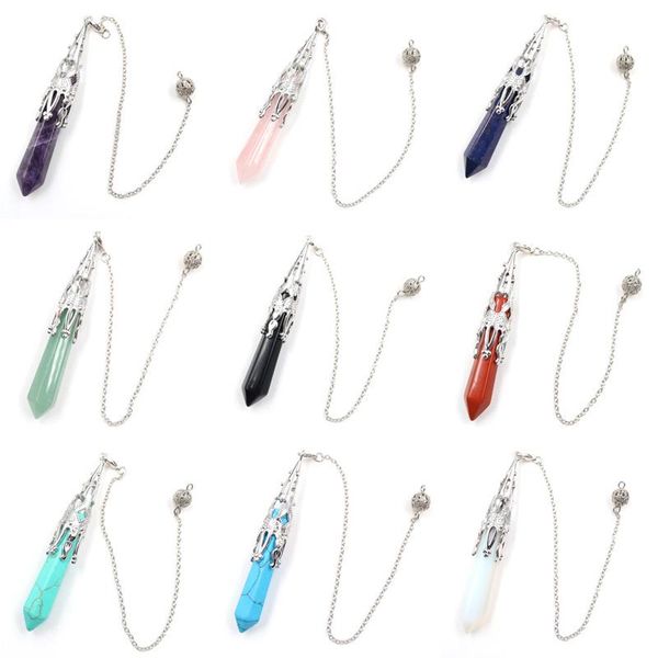 Collares pendientes Péndulo de piedra de cristal natural para adivinación de radiestesia Prisma hexagonal Curación Chakra Energía Péndulo espiritual Reiki Jewelr