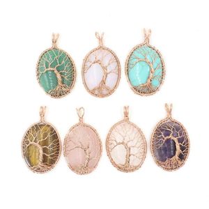 Pendentif Colliers Fil de cristal naturel enveloppé arbre vie opale aventurine turquoise pierre de quartz rose pendule suspension de guérison