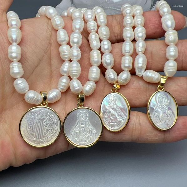 Collares colgantes Collar de perlas de agua dulce natural Mujer Jesús Sagrado Corazón Virgen María Guadalupe Gargantilla para mujeres Regalos de joyería de lujo