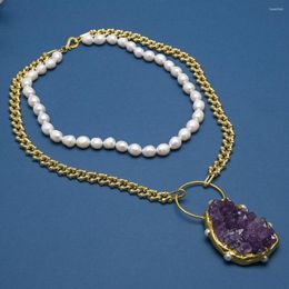 Pendentif Colliers Naturel D'eau Douce Blanc Riz Perle Chaîne Collier Violet Améthystes Druzy 17 "Style De Bureau Pour Les Femmes