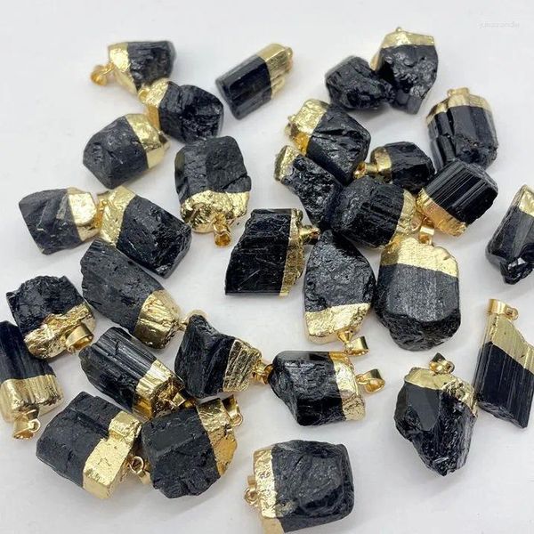 Pendentif Colliers Pierre Gemme Naturelle Noir Brut Minerai Tourmaline Gilt Forme Irrégulière Reiki Guérison Énergie Bijoux Fabrication Collier 12pcs