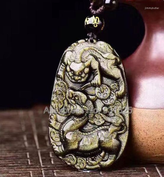 Pendentif Colliers Or Naturel Obsidienne Sculpté À La Main Pièce Chinoise Kylin PiXiu Chanceux Amulette Perles Noires Collier Bijoux De Mode