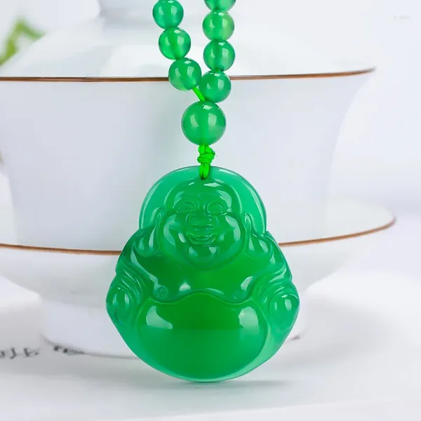 Collares colgantes Natural Verde Jade Buda Collar Hombres Mujeres Joyería Fina Esmeralda Myanmar Jadeíta Maitreya Riendo Suéter Cadena