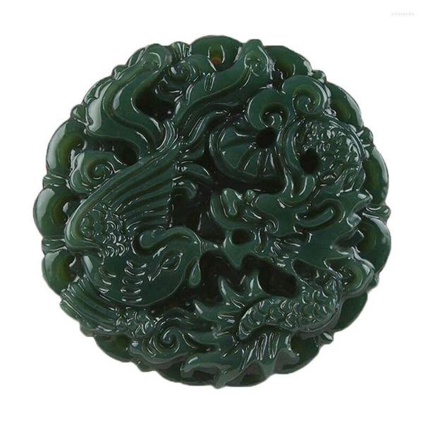 Pendentif Colliers Naturel Vert Jades Sculpté À La Main Dragon Phoenix Collier Chandail Chaîne Cadeau En Gros