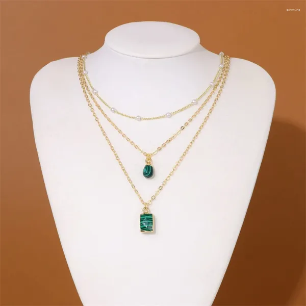 Pendentif Colliers Naturel Vert Malachite Pierre Collier de haute qualité Couleur Or Chaîne réglable 3pcs / Set pour les femmes