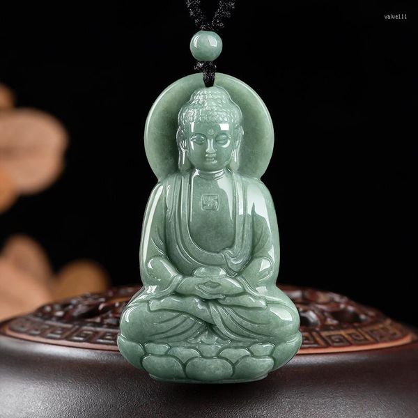Pendentif Colliers Naturel Fait À La Main Sculpture À La Main Vert Jade Bouddha En Trois Dimensions