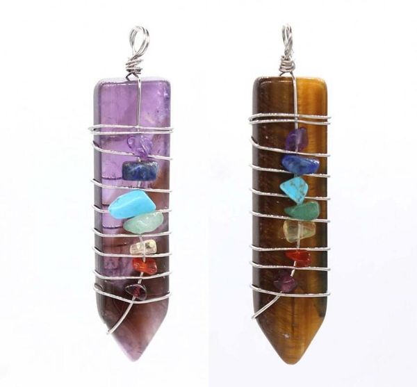 Colliers pendants Piontes Natural Piontes Crystal Quartz Pierres Reiki Stone Fil enveloppé 7 Chakra Sword Forme Amulet Pendants