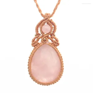 Pendentif Colliers Naturel Guérison Violet Cristal Rose Rose Quartz Pierre Fil Corde Enveloppé Tressé Macramé Goutte D'eau Collier Bijoux