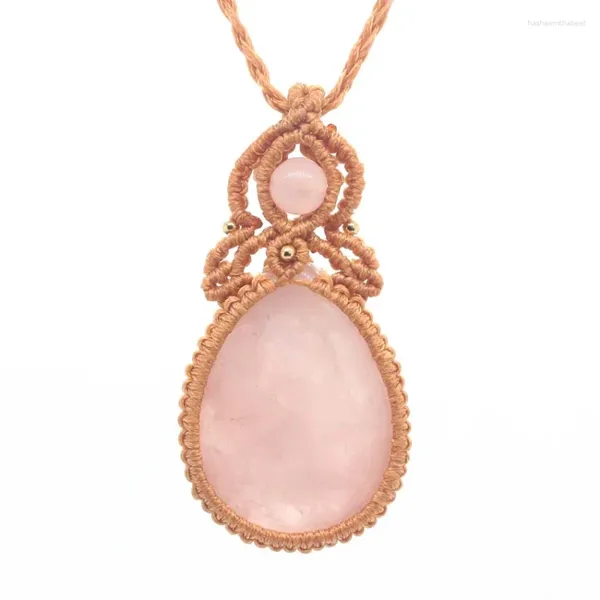 Pendentif Colliers Naturel Guérison Violet Cristal Rose Rose Quartz Pierre Fil Corde Enveloppé Tressé Macramé Goutte D'eau Collier Bijoux