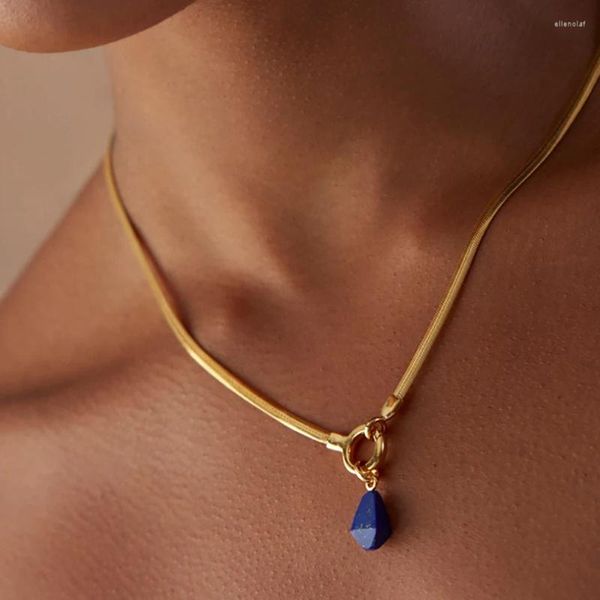 Colliers pendentifs Collier de guérison naturelle Reiki Lapis Lazuli pour femmes hommes avec chaîne à chevrons en acier inoxydable plaqué or 18 carats